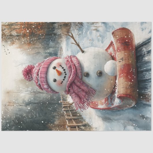 Decoupage Vintag Snowman auf Schlitten Seidenpapier (Vorderseite)