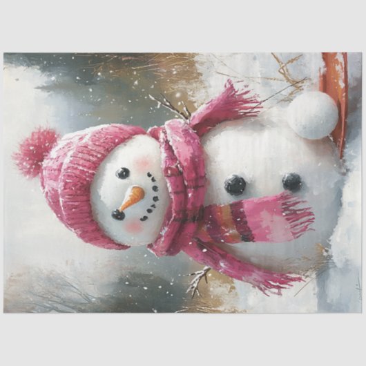 Decoupage Vintag Snowman Pink Scareding Seidenpapier (Vorderseite)