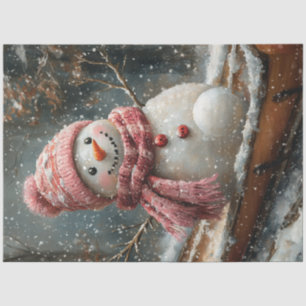 Decoupage Vintag Snowman Pink Scarf Schlitten Seidenpapier
