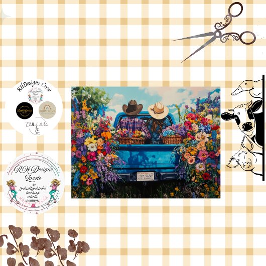 Decoupage Vintag Truck Couple Blume Farm Seidenpapier