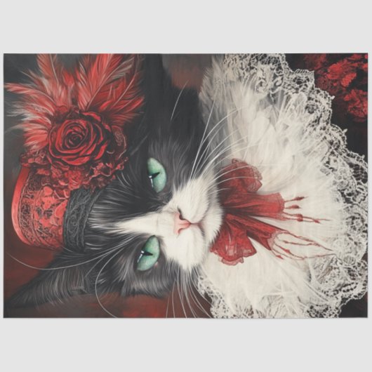 Decoupage Vintag Valentine Cat Red Black Seidenpapier (Vorderseite)