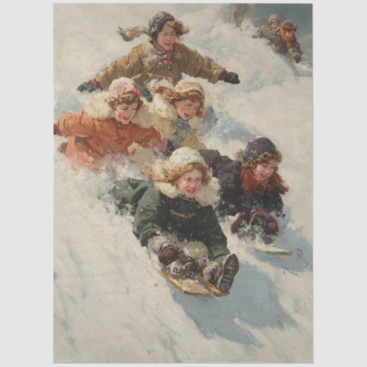 Decoupage Vintage Children Sledding Poster Seidenpapier (Vorderseite)