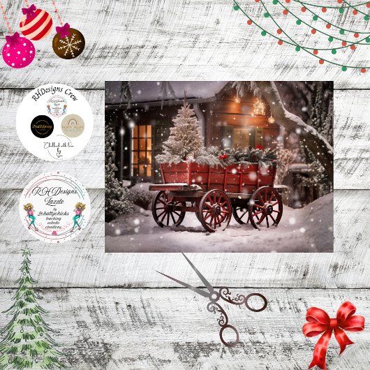 Decoupage Vintage Red Wagon Winter Scene Seidenpapier