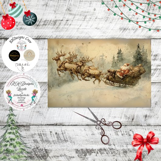 Decoupage Vintage Santa Sleigh Postcard  Seidenpapier