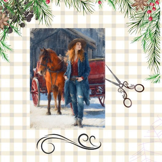 Decoupage Western Christmas Girl Red Barn Seidenpapier