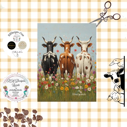 Decoupage Whimsical 3 Cow Friends Field Wildblume Seidenpapier