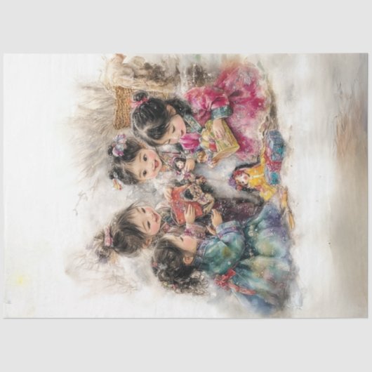 Decoupage Whimsical 4 Koreanische Kinder spielen Seidenpapier (Vorderseite)