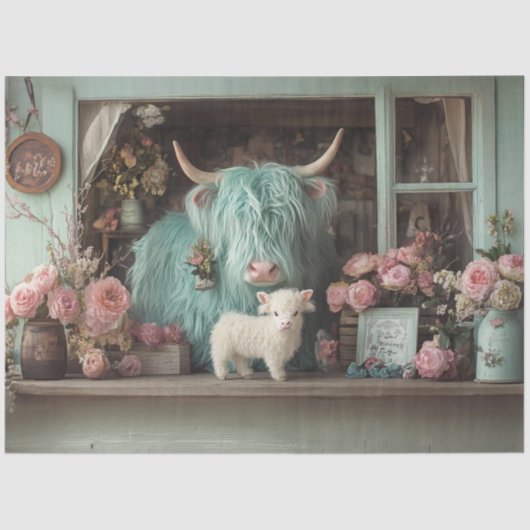 Decoupage Whimsical Aquamarin Highland und Calf Bl Seidenpapier (Vorderseite)