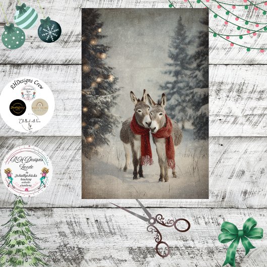 Decoupage Whimsical Christmas Donkeys Red Scarves Seidenpapier