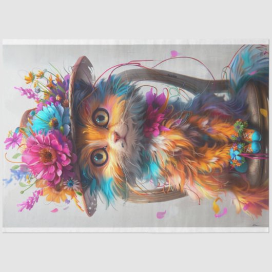 Decoupage Whimsical Floral Feline Fantasy Cat Seidenpapier (Vorderseite)