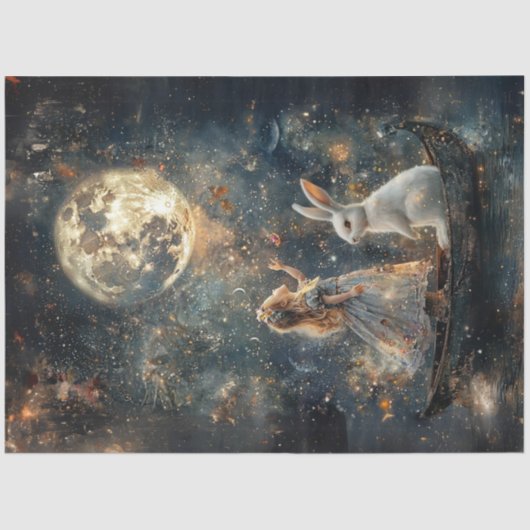Decoupage Whimsical Girl Rabbit Moon Night Scene Seidenpapier (Vorderseite)
