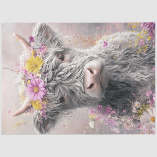 Decoupage Whimsical Highland Kuh Floral Crown Seidenpapier (Vorderseite)