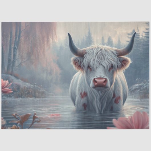 Decoupage Whimsical Highland Kuh Pink Hue Pond Seidenpapier (Vorderseite)