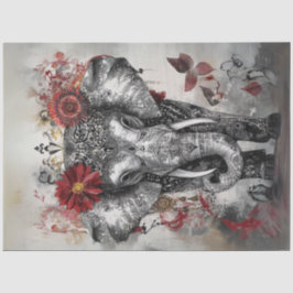 Decoupage Whimsical Intricate Elephant Red Black Seidenpapier