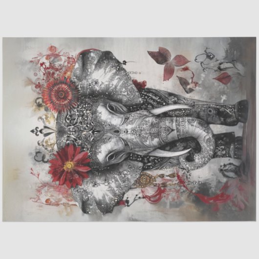 Decoupage Whimsical Intricate Elephant Red Black Seidenpapier (Vorderseite)