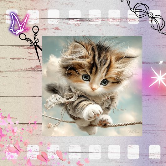 Decoupage Whimsical Kitten Balancing on High Wire Seidenpapier