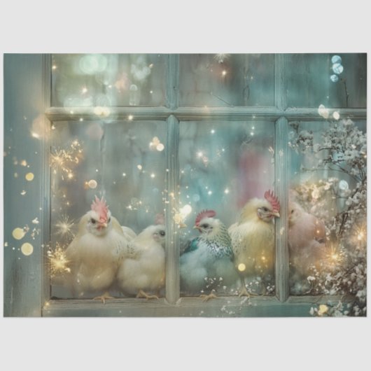 Decoupage Whimsical Pastel Chickens auf Windows Seidenpapier (Vorderseite)