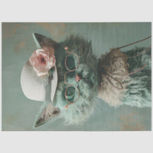 Decoupage Whimsical Sage Green Cat Vintag Hat Seidenpapier