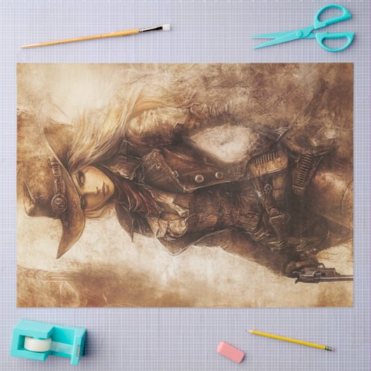 Decoupage Whimsical Sepia Cowgirl Gunslinger Seidenpapier (Basteln)