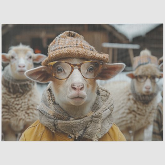 Decoupage Whimsical Sheep Winter Kleidung & Brille Seidenpapier (Vorderseite)