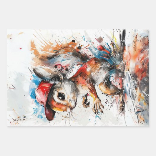 Decoupage Whimsical Splash Painted Rabbit Eichhörn Geschenkpapier Set (Vorderseite 3)
