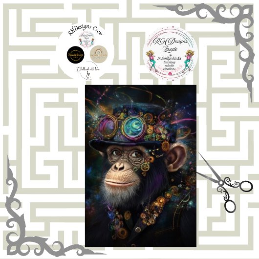 Decoupage Whimsical Steampunk Monkey Vibrant Color Seidenpapier