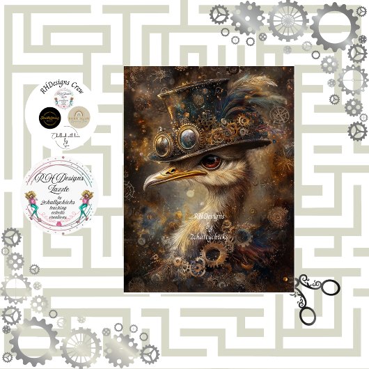 Decoupage Whimsical Steampunk Ostrich Top Hat Seidenpapier
