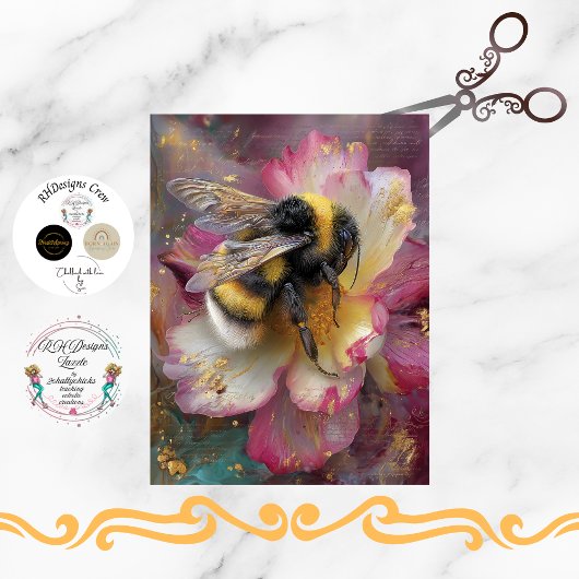 Decoupage Whimsical Vibrant Bumble Bee Pink Flower Seidenpapier