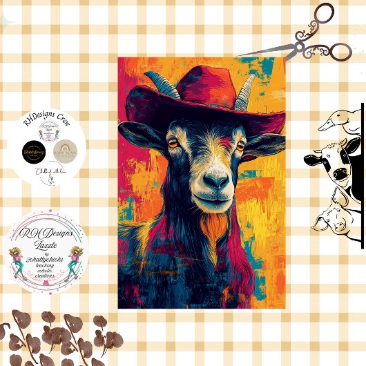 Decoupage Whimsical Vibrant Goat Cowboy Hat Seidenpapier
