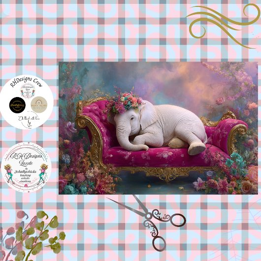 Decoupage Whimsical White Elephant Chaise Lounge  Seidenpapier
