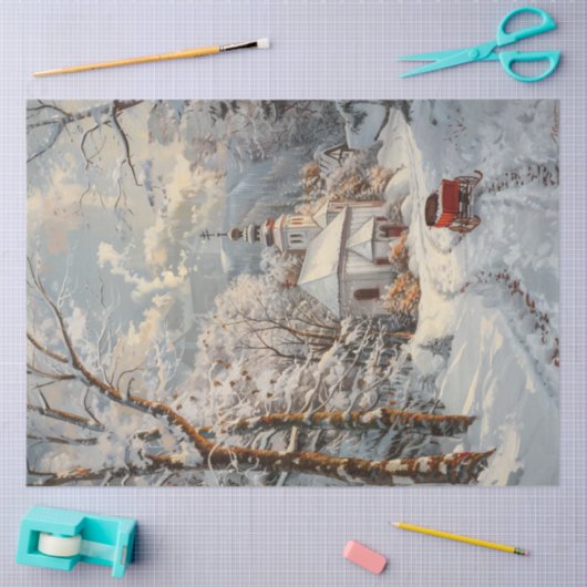 Decoupage Whimsical Winter Church Red Wagon Seidenpapier (Basteln)