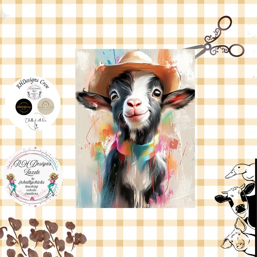 Decoupage Whimsical Ziege Cowboy Hat Watercolor Seidenpapier