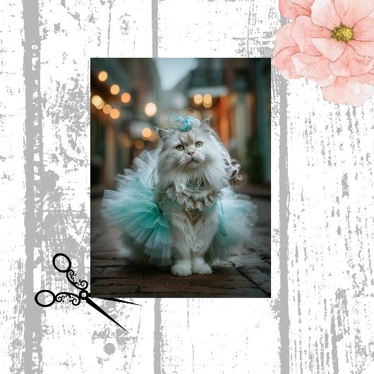 Decoupage White Feline Cat Teal Tutu Walking Seidenpapier