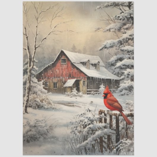 Decoupage Winter Scene Red Barn Cardinal Snow Seidenpapier (Vorderseite)