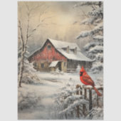 Decoupage-Winterszene Rote Scheune Kardinal Schnee Seidenpapier (Vorderseite)