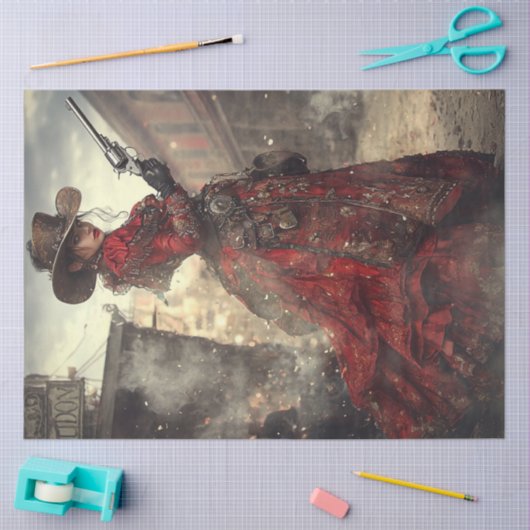 Decoupage Woman Gunslinger Red Verziert Dress Seidenpapier (Basteln)