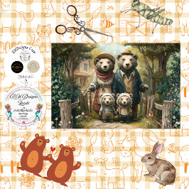Decoupage Woodland Bear Family Twin Cubs Vintage Seidenpapier