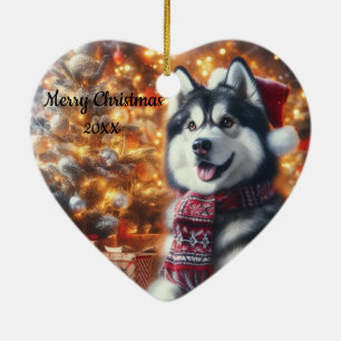 Ded Christmas Husky Dog Pet Keramik Ornament