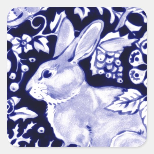Dedham Blue Rabbit, Classic Blue & White Design Quadratischer Aufkleber (Vorderseite)