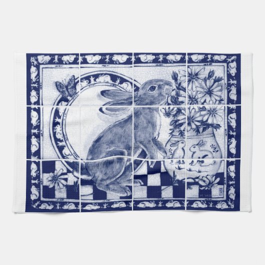 Dedham Blue White Niedlich Bunny Rabbit Rustikal Geschirrtuch (Horizontal)
