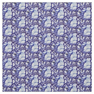 Dedham Blue & White Rabbit, Bird Designer Fabric Stoff
