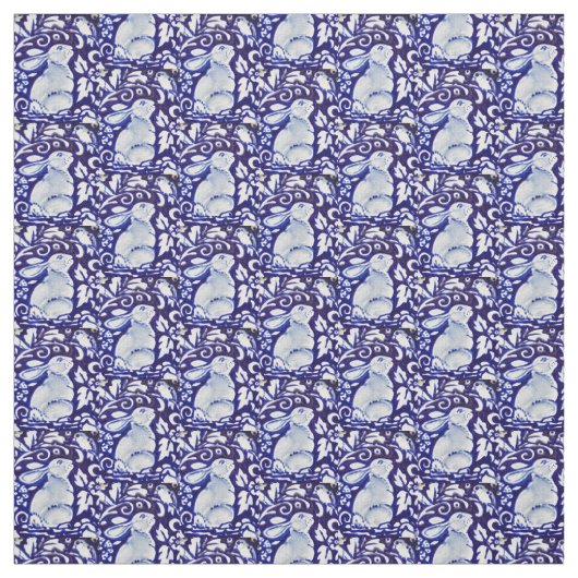 Dedham Blue & White Rabbit, Bird Designer Fabric Stoff (Muster)