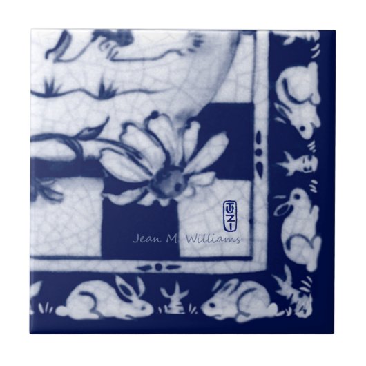 Dedham Blue White Rabbit Bunny Mural Tile # 12 Fliese (Vorderseite)