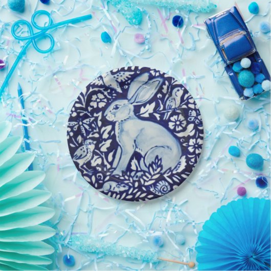 Dedham Cobalt Blue White Rabbit Garden Paper Plate Pappteller (Party)