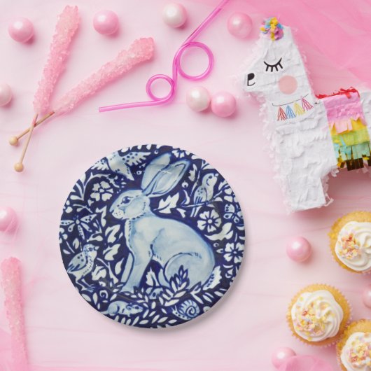 Dedham Cobalt Blue White Rabbit Garden Paper Plate Pappteller (Party)