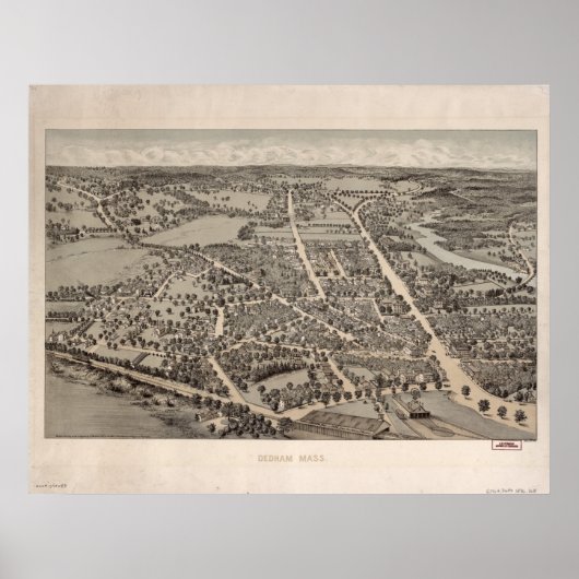 Dedham Massachusetts 1876 Antike Panoramabalkarte Poster (Vorne)