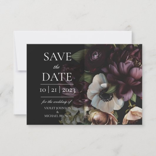 Dedizierte Dark Floral Save the Date Card (Vorderseite)