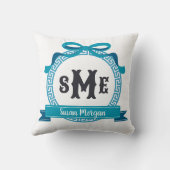 Deep Aqua Blue Gria Key Bow Monogram Kissen (Rückseite)