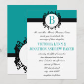 Deep Aqua Damask Monogram Wedite Invite Einladung (Vorne/Hinten)