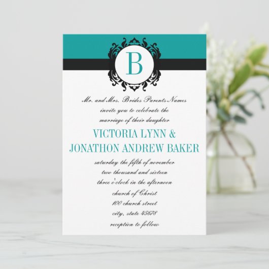 Deep Aqua Damask Monogram Wedite Invite Einladung (Stehend Vorderseite)